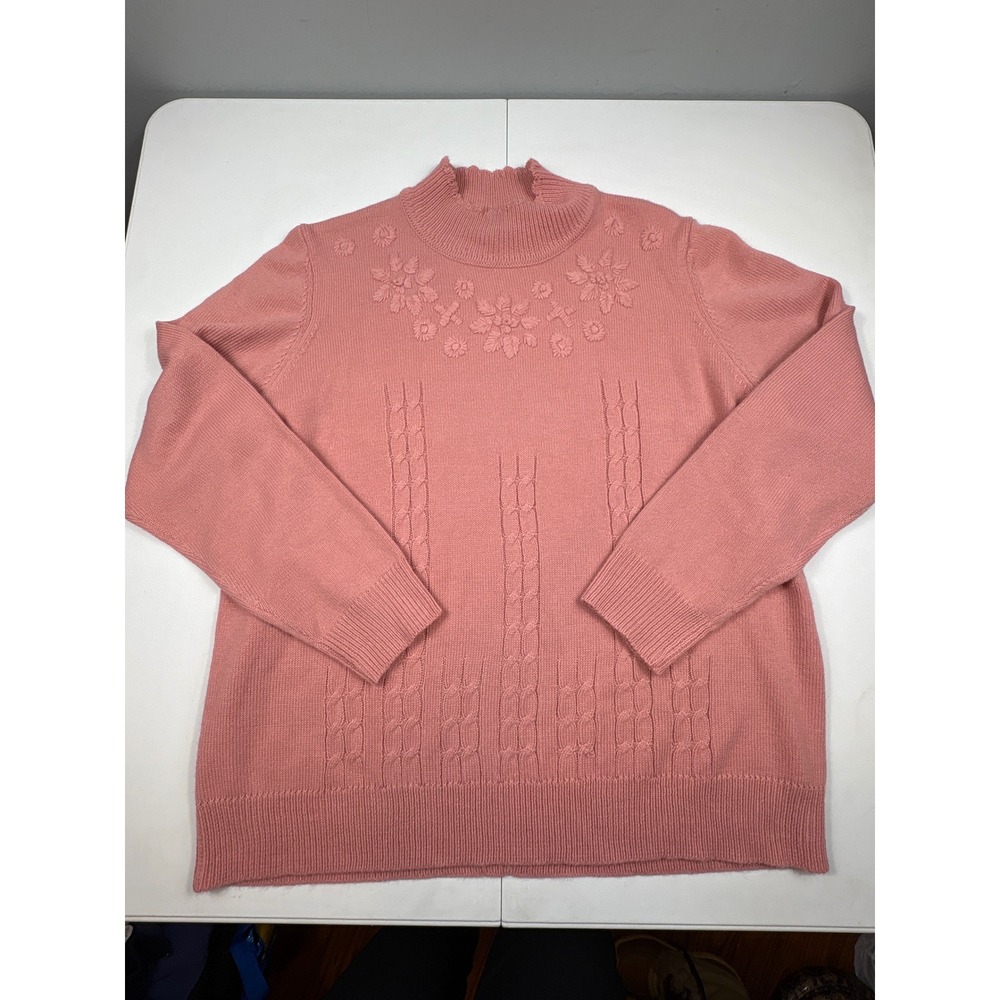 Salon Studio Y2K Pink Cable Knit‎ Mock Neck Sweater Womens XL Floral